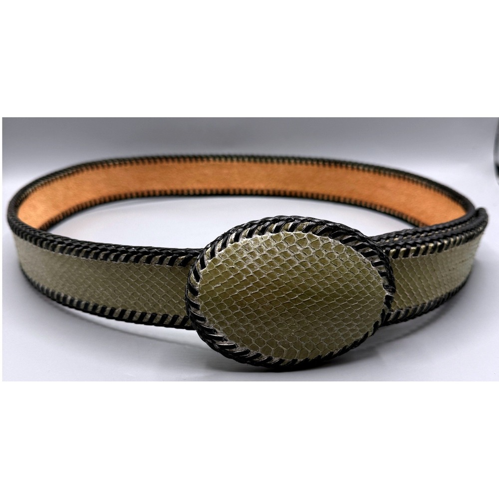Vintage Snakeskin Whipstitch Western Belt Tan Black Leather Oval Buckle 52 Inch